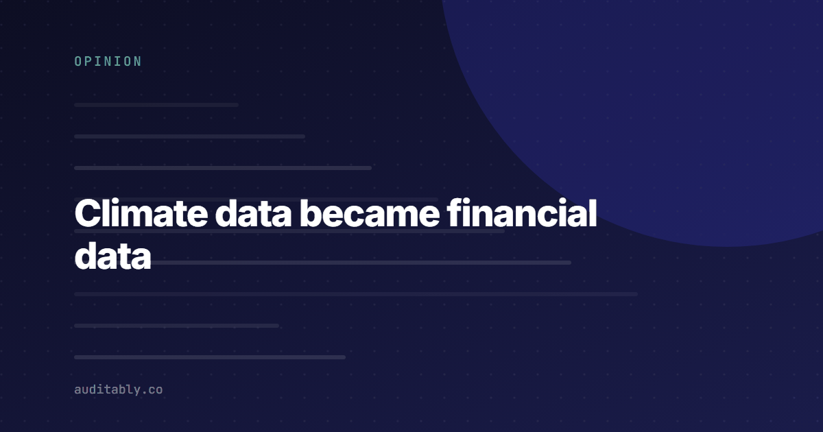 Cover graphic reading Climate data became financial data, tagged Opinion, on a dark indigo background.