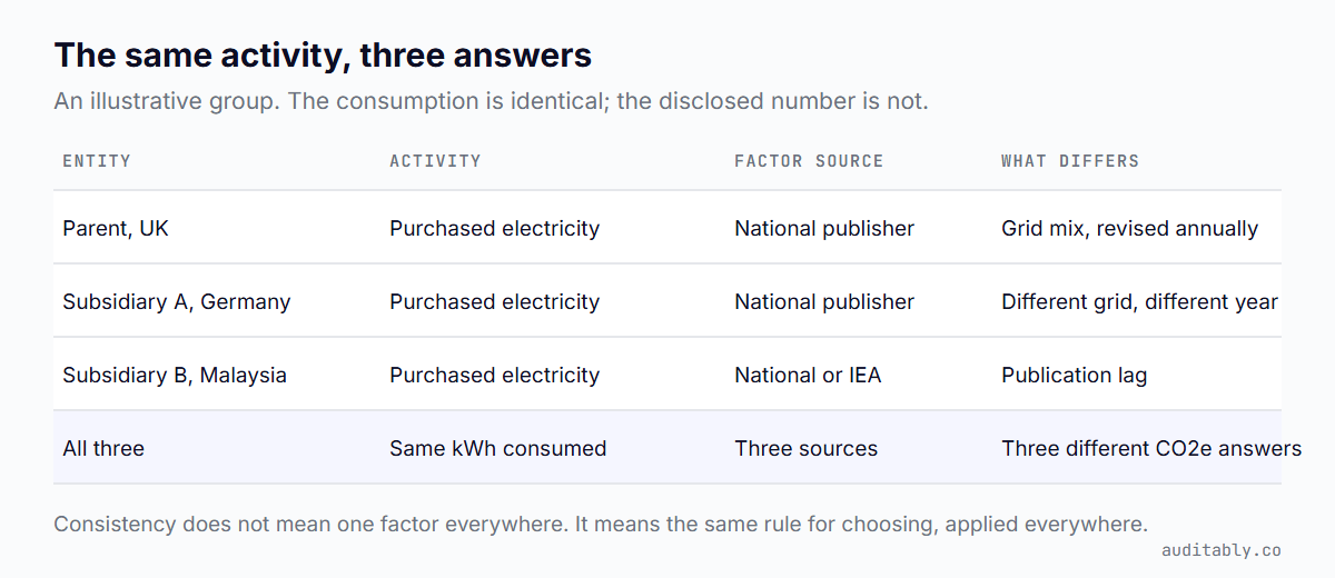 Illustrative table showing three group entities in the UK, Germany and Malaysia consuming identical electricity but using different national factor sources, producing three different CO2e answers.