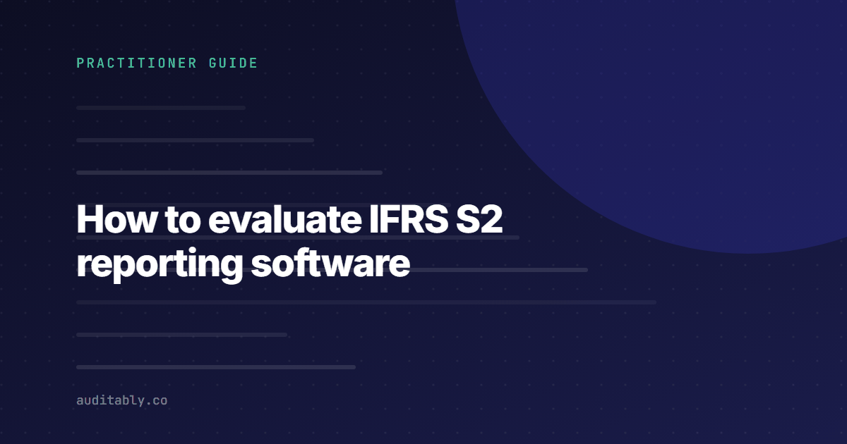 Cover graphic reading How to evaluate IFRS S2 reporting software, tagged Practitioner Guide, on a dark indigo background with abstract document rules.