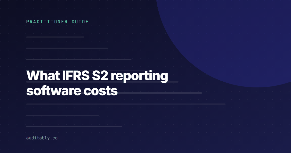 Cover graphic reading What IFRS S2 reporting software costs, tagged Practitioner Guide, on a dark indigo background.