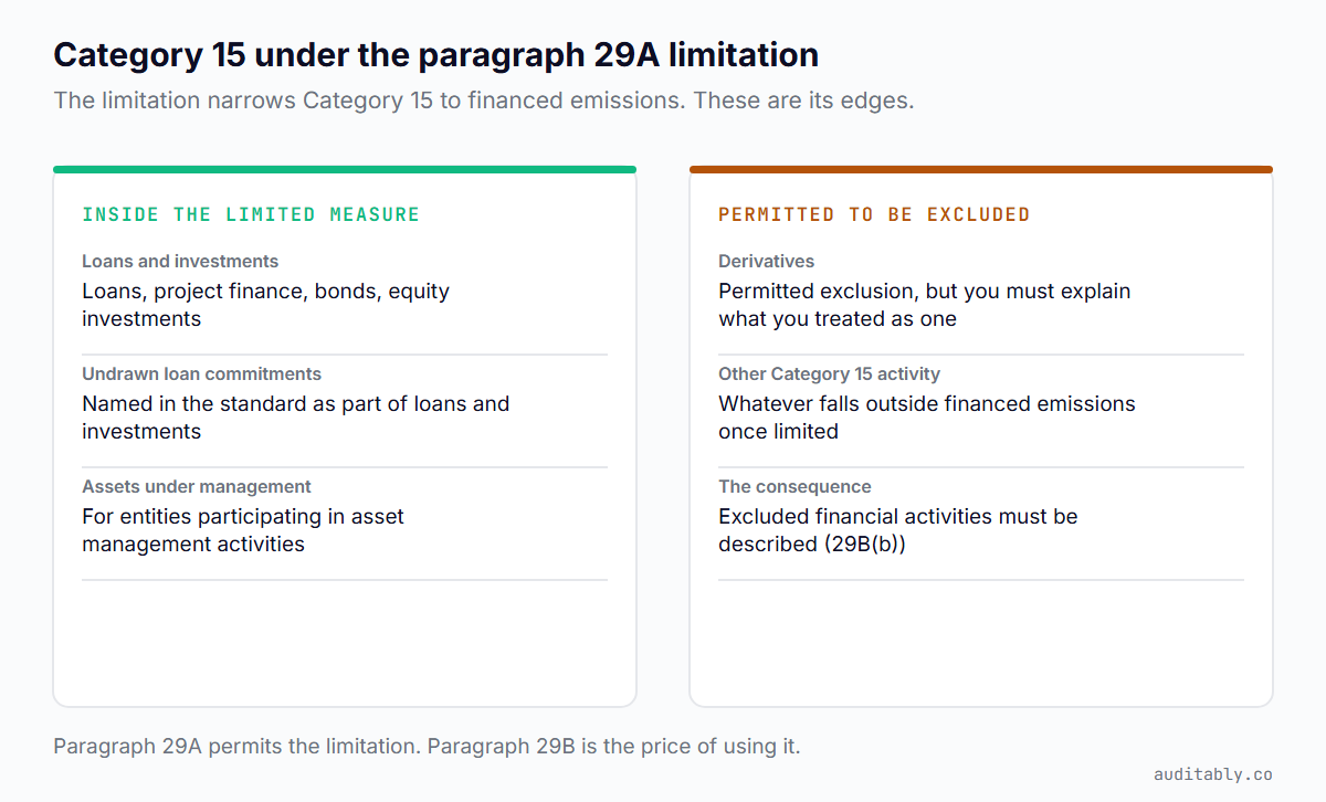 What sits inside a Category 15 measure limited under paragraph 29A — loans, project finance, bonds, equity investments, undrawn loan commitments and assets under management — against what may be excluded, including derivatives and other Category 15 activity.